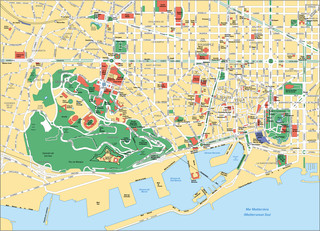 Cartina turistica di musei, giro turistico, attrazioni e monumenti di Barcellona